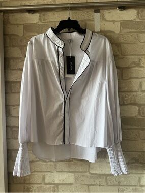 NWT L White Button-Down Shirt with Black Piping and Smocked Cuffs